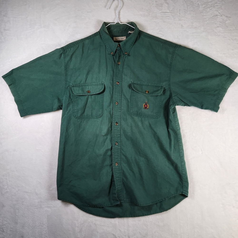 Vtg Bugle Boy Co. Shirt L Green Crest Logo Short Sleeve Utility Y2K 90s Workwear